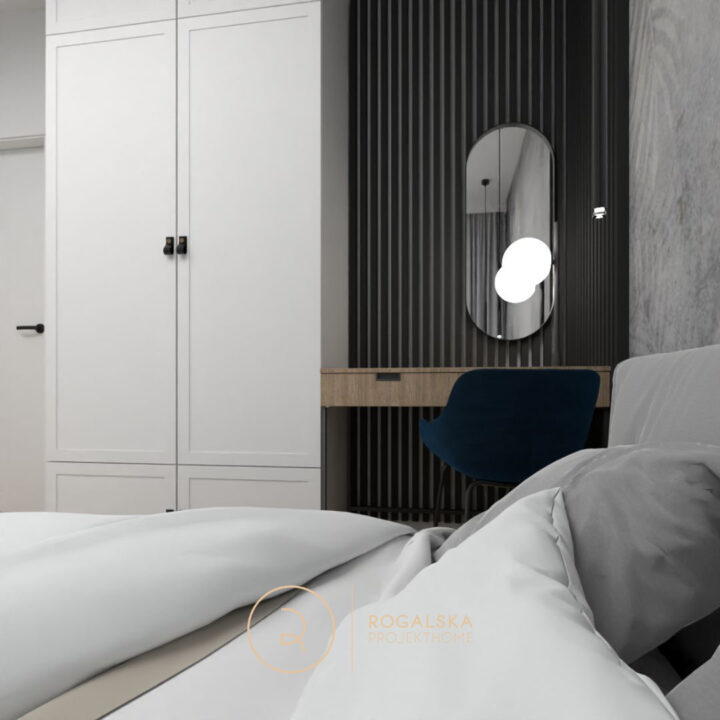 Elegancka sypialnia w stylu nowoczesnym/loftowym. Biała szafa ze skórzanymi uchwytami. Czarne lamele w strefie miejsca do pracy/makeupu.
