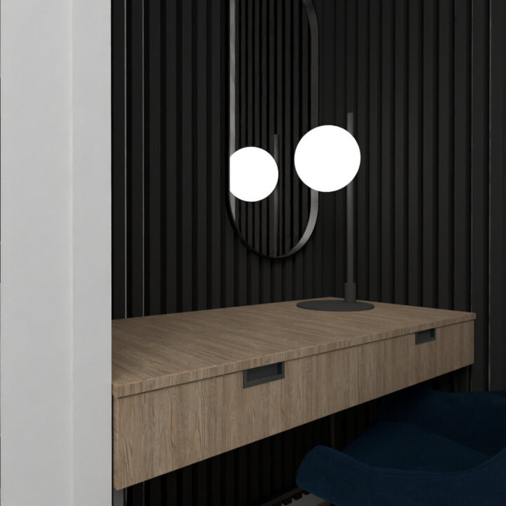 Wielofunkcyjna sypialnia z miejscem do pracy/makijażu. Kącik wykończony czarnymi lamelami i loftowym oświetleniem.