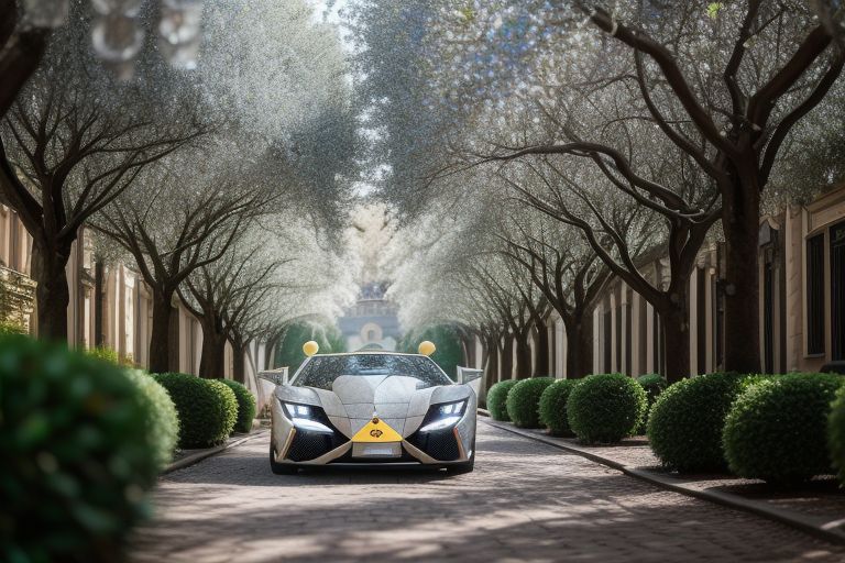 Luksusowy, futurystyczny samochód na brukowanej alejce, otoczonej symetrycznymi drzewami, na których rosną brylanty i eleganckimi krzewami z bukszpanu w kształcie kul. Nowoczesny design auta nawiązuje do kociego miasta.