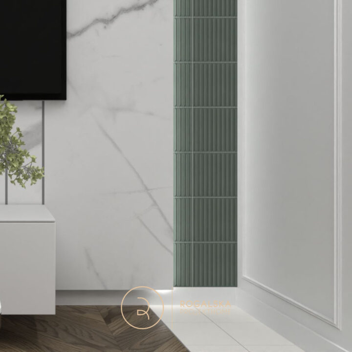 Niecodzienna ściana telewizyjna wykonana z kafelków Neve Creative od Ceramika Paradyż. Sztukateria na ścianach nadaje luksusowego charakteru całemu wnętrzu.