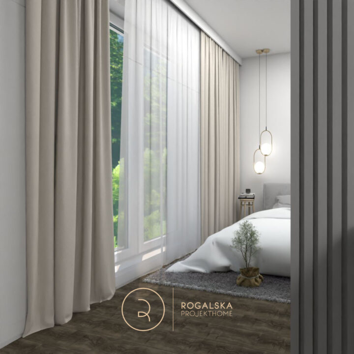 Przytulna sypialnia w stylu Modern Classic i Boho. Miękkie zasłony, firany, biała pościel, drewniane dodatki.