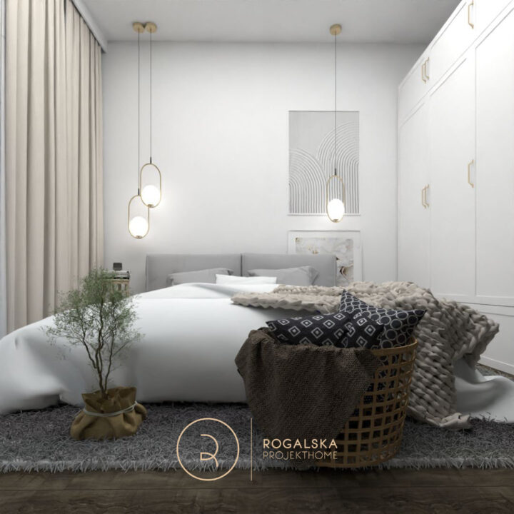 Przytulna sypialnia w stylu Modern Classic. Jasnoszare łóżko, dekoracje Boho, obrazy na ścianie – jeden z fakturą szpachlową, drugi z motywem białych kwiatów. Praktyczna i budżetowa biała szafa IKEA.