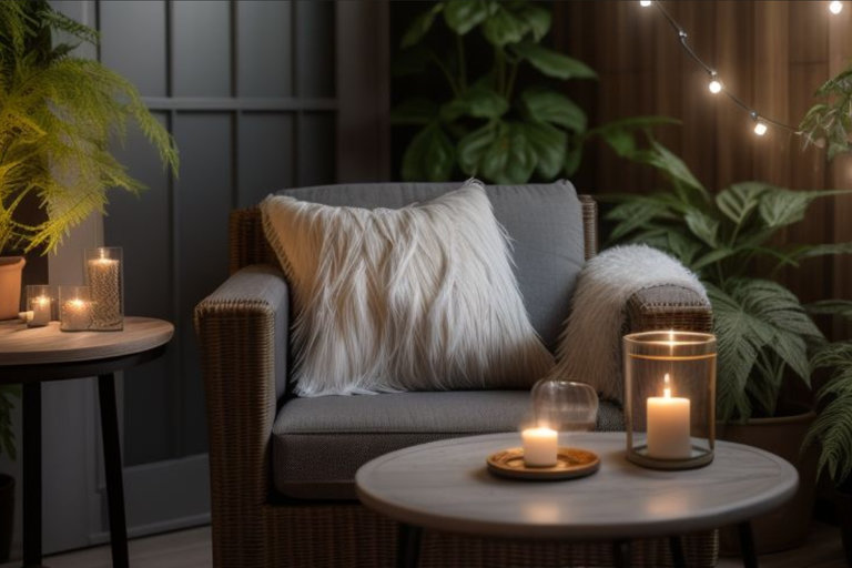 Przytulny kącik wypoczynkowy w salonie – fotel z miękką poduszką z futerka i kocem, otoczony roślinami doniczkowymi. Na stolikach zapalone świece w szklanych lampionach tworzą nastrojowe oświetlenie, a w tle delikatne girlandy świetlne dodają ciepła wnętrzu.
