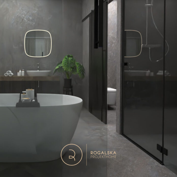 Master bedroom z widokiem na łazienkę gdzie oprócz wanny wolnostojącej znajdującej się w centrum, umieszczono też strefę prysznica oraz toaletę.