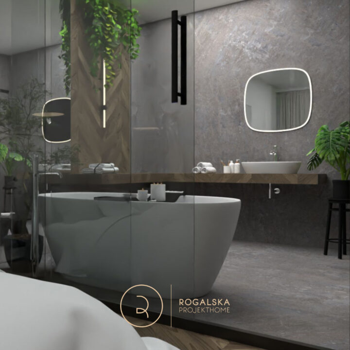 Master bedroom z widokiem na pokój kąpielowy, w którym znalazła się wanna wolnostojąca. Łazienka wykończona kamieniem oraz drewnem w odcieniach ciemnego brązu. Loftowe dodatki.