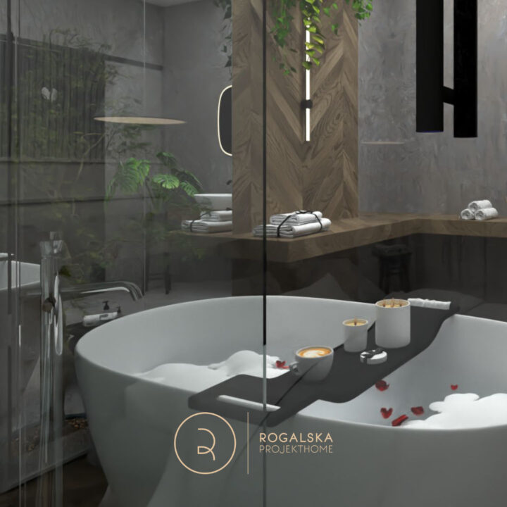 Master bedroom z widokiem na łazienkę, ukrytą za przesuwnymi, szklanymi drzwiami. Wanna wypełniona wodą z pianą oraz płatkami róż. Dekoracją są świece, uzupełniające kompozycję.