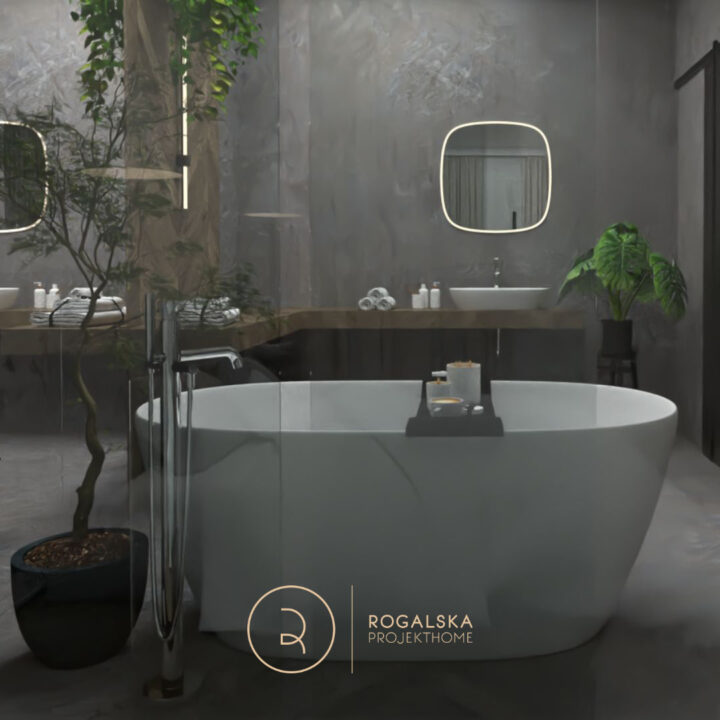 Master bedroom z widokiem na łazienkę, w której centrum znalazła się wanna wolnostojąca. Łazienkę od sypialni oddzielają szklane okna oraz przesuwne drzwi.