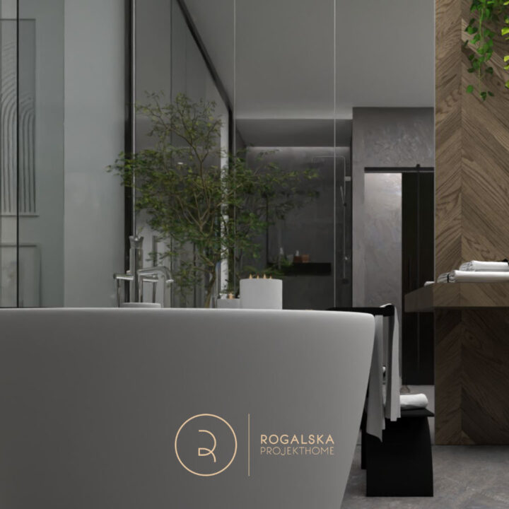 Wanna wolnostojąca w pokoju kąpielowym. Na ścianie duże lustra znacznie powiększające całą przestrzeń oraz zapewniające możliwość przejrzenia się w trakcie kąpieli.