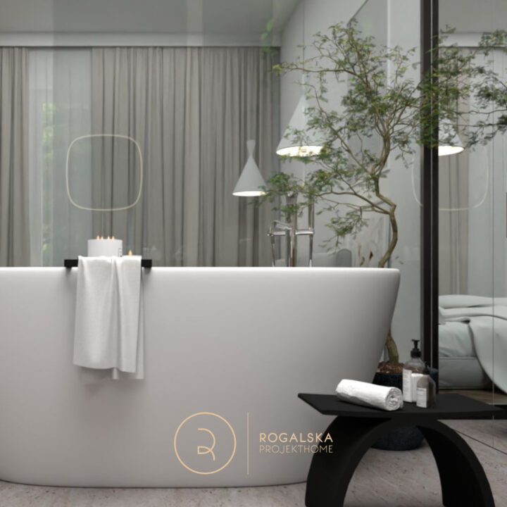 Wanna wolnostojąca w pokoju kąpielowym z widokiem na sypialnię. Całość uzupełniają loftowe dodatki w kolorze czarnym.