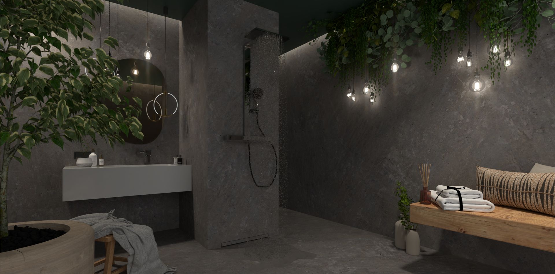 Elegancka strefa spa w hotelu z kamiennymi ścianami i podłogą. Prysznic typu walk-in z deszczownicą, zwisająca zieleń i ciepłe oświetlenie tworzą relaksującą atmosferę. Drewniana ławka z ręcznikami i dekoracjami dodaje odrobinę ciepła tej surowej przestrzeni.
