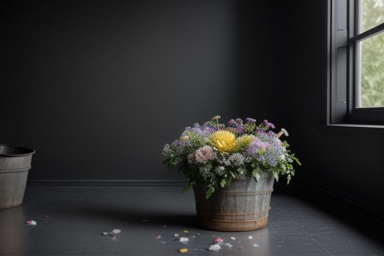 Idealna czarna farba, która nie pozostawia zacieków. Piękny czarny, głęboki kolor na ścianie, kwiaty w wiaderku.