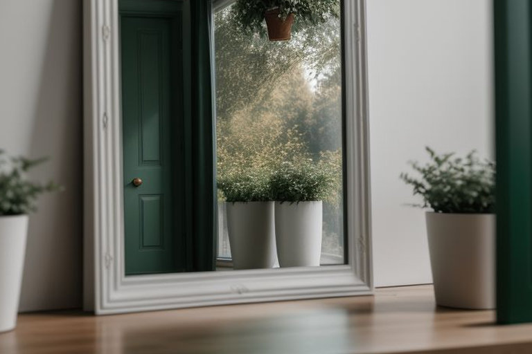 Lustro w szarej ozdobnej ramie, które odbija zielone drzwi oraz widok na świat pełen zielonych, gęstych drzew. Na podłodze stoją donice w kolorze białym z bujną roślinnością.