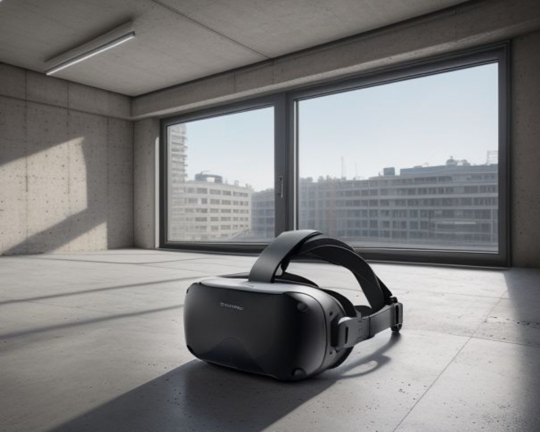 Kadr przedstawia gogle VR leżące na podłodze w pustym pomieszczeniu, symbolizujące unikalną usługę oferowaną przez rogalska.projekthome - puste wnętrze w rzeczywistości, a po założeniu gogli wykończone. Dzięki technologii VR Klient może zobaczyć swoje przyszłe wnętrze przed jego realizacją, co pozwala uniknąć kosztownych błędów. Sesje VR są dostępne bezpłatnie w ramach wybranych pakietów, co wyróżnia ofertę naszej firmy na rynku.