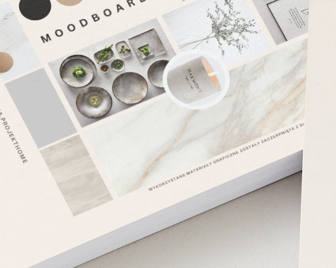 Moodboard zaprezentowany na zdjęciu stanowi wizualną inspirację dla klienta, pomagając w określeniu kierunku stylistycznego i atmosfery projektu wnętrza. Jest to fragment realizacji jednego z moich projektów.