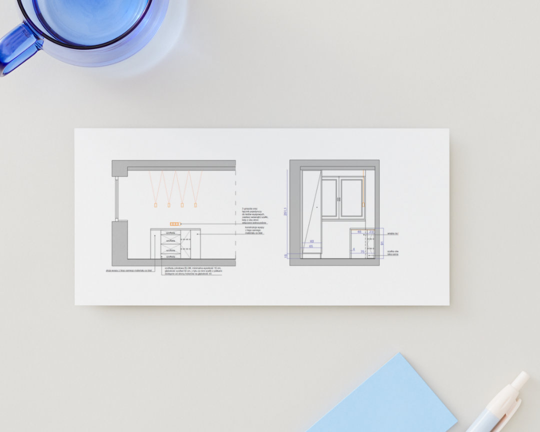 Przykładowe rysunki techniczne, które otrzymuje klient w ramach projektu. Dokumentacja jest czytelna i zawiera wszystkie niezbędne elementy – od instalacji elektrycznej po hydrauliczną, wraz z precyzyjnymi wymiarami, ułatwiającymi realizację.