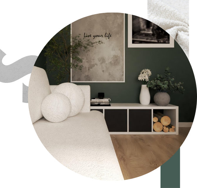 Wizualizacja biura firmy rogalska.projekthome. W kadrze obraz diy z tapety imitującej beton, ściany w kolorze ciemnej zieleni, jasna sofa z buclowego materiału z nowoczesnymi poduszkami w kształcie kul.