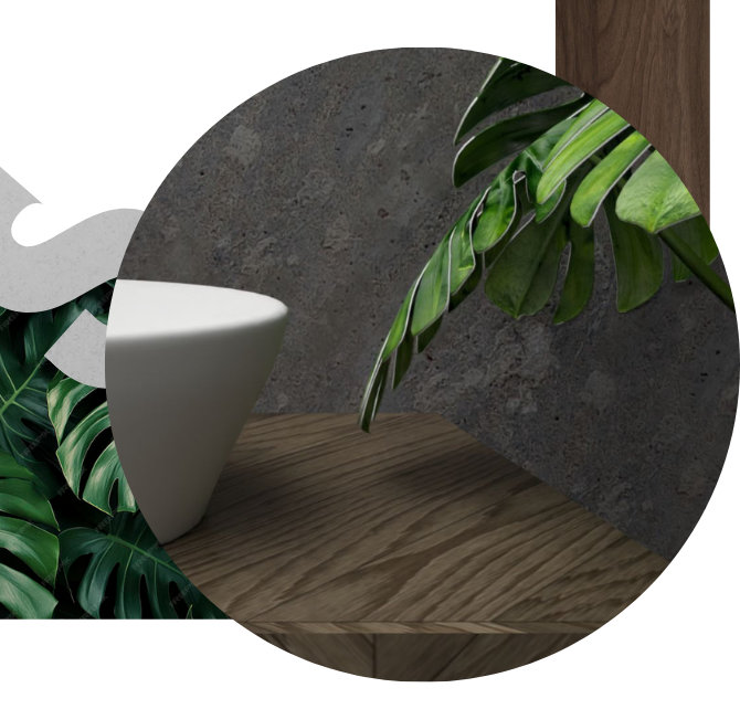 Grafika na stronę główną, jest to moodboard w kolorach ziemi - drewno i liście monstery i fragment wizualizacji autorstwa Beaty Rogalskiej.