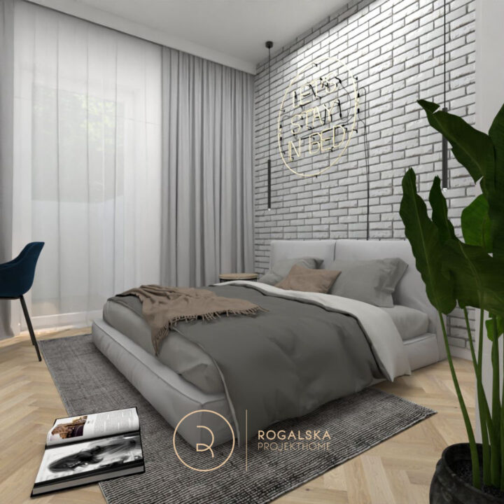 Łóżko gnieciuch w nowoczesnej sypialni w odcieniach szarości. Neon nadający wnętrzu loftowego charakteru.