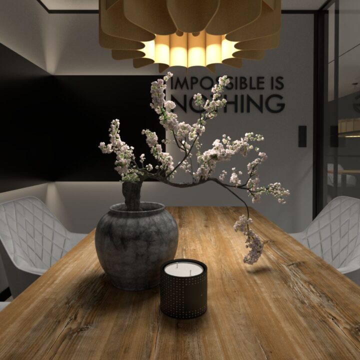 Przytulne loftowe biuro / quiet room w Agencji Marketingowej. Duże biurko w kolorze retro, wygodne szare welurowe fotele, motywujące hasło na ścianie, designerska lampa.