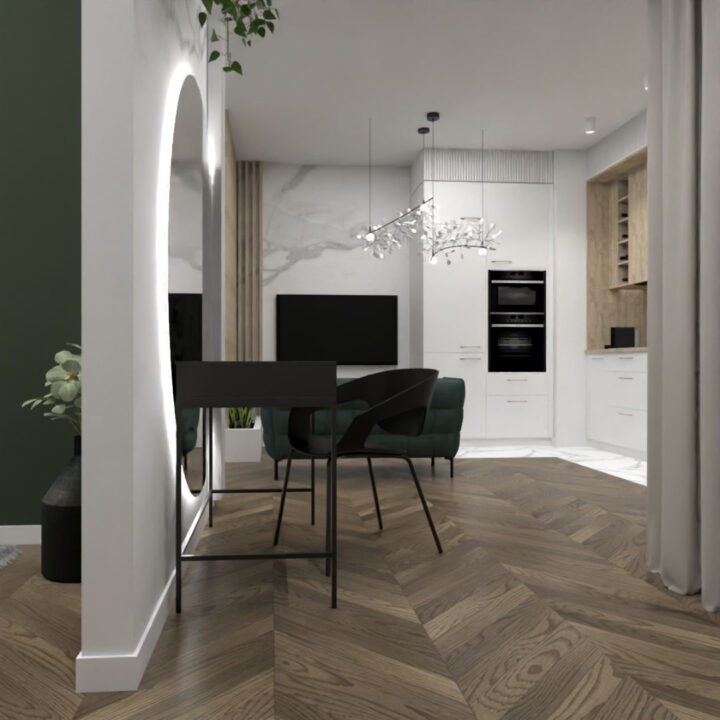 Mieszkanie w kolorach ziemi przeznaczone pod wynajem. Piękny biały aneks kuchenny z elementami drewna. Mieszkanie małe, ale spełniające wiele funkcji naraz. Projekt autorstwa Rogalska.Projekthome.